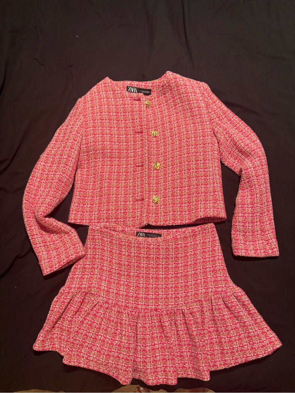 Zara Pink & Gold Tweed Jacket with Decorative Button